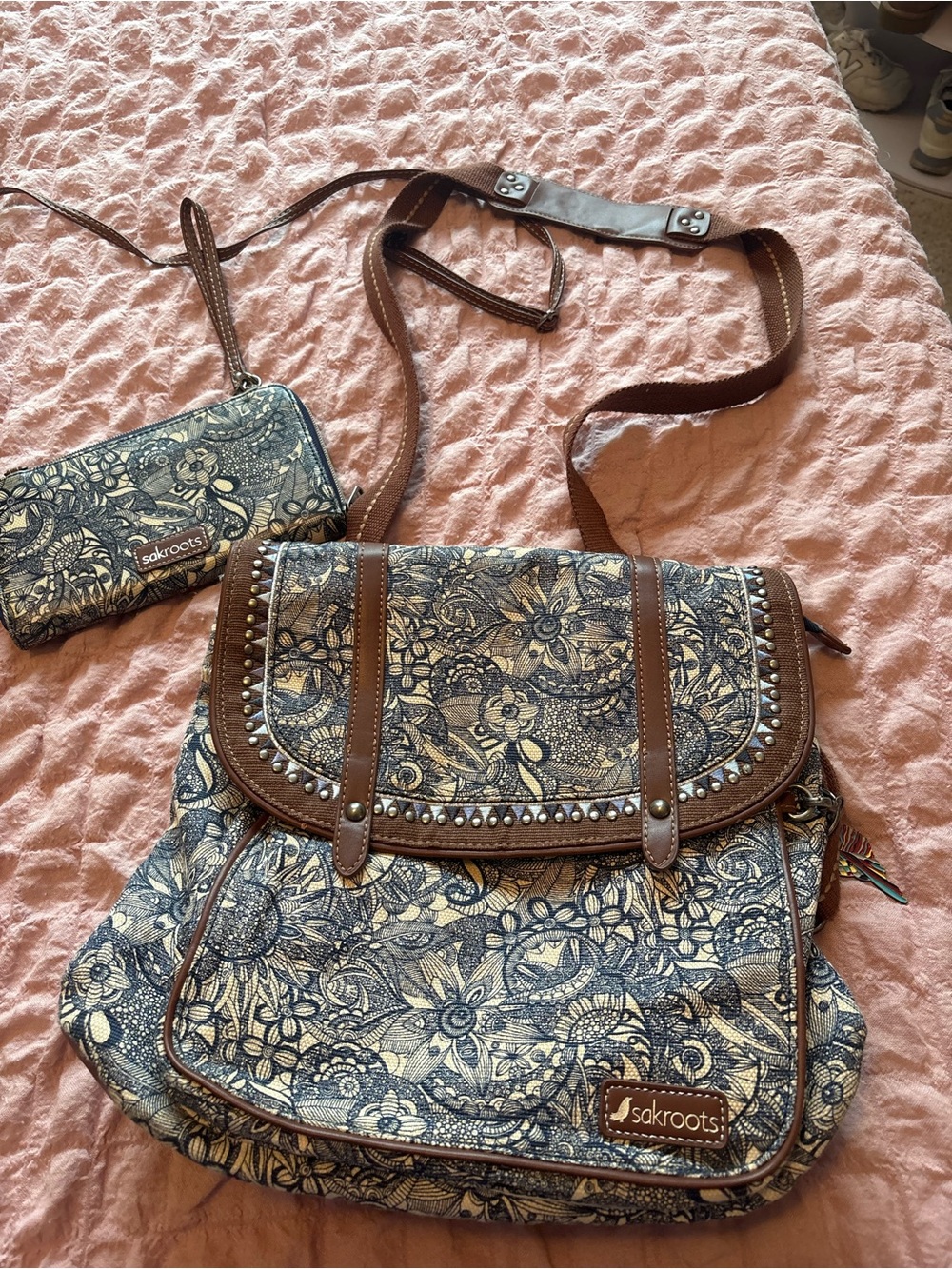 Sakroots Blue Floral Crossbody with Brown Trim